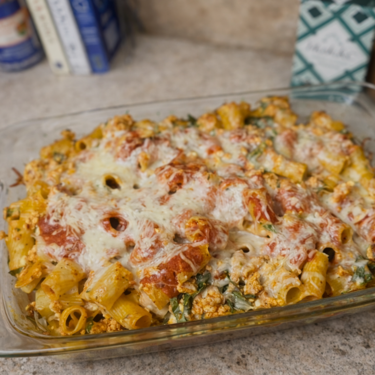 Rigatoni Bake with Cottage Cheese, Ground Turkey and Marinara