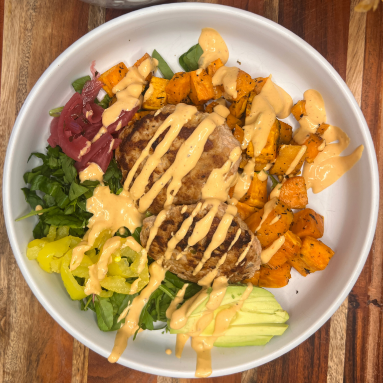 Turkey Burger Bowl Recipe with Sweet Potatoes & Special Sauce