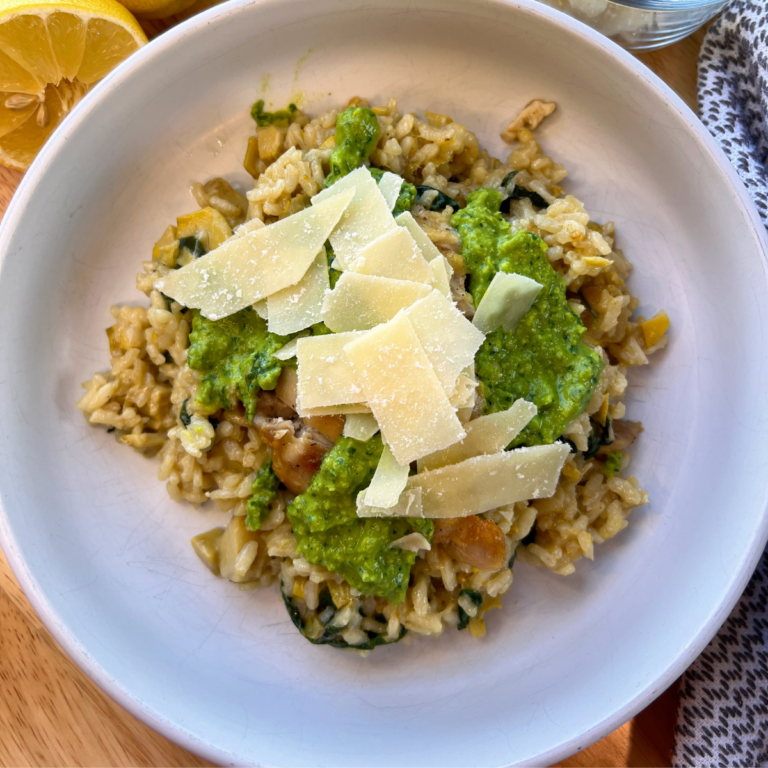 Creamy Artichoke Risotto with Chicken Thighs & Pea Pistou