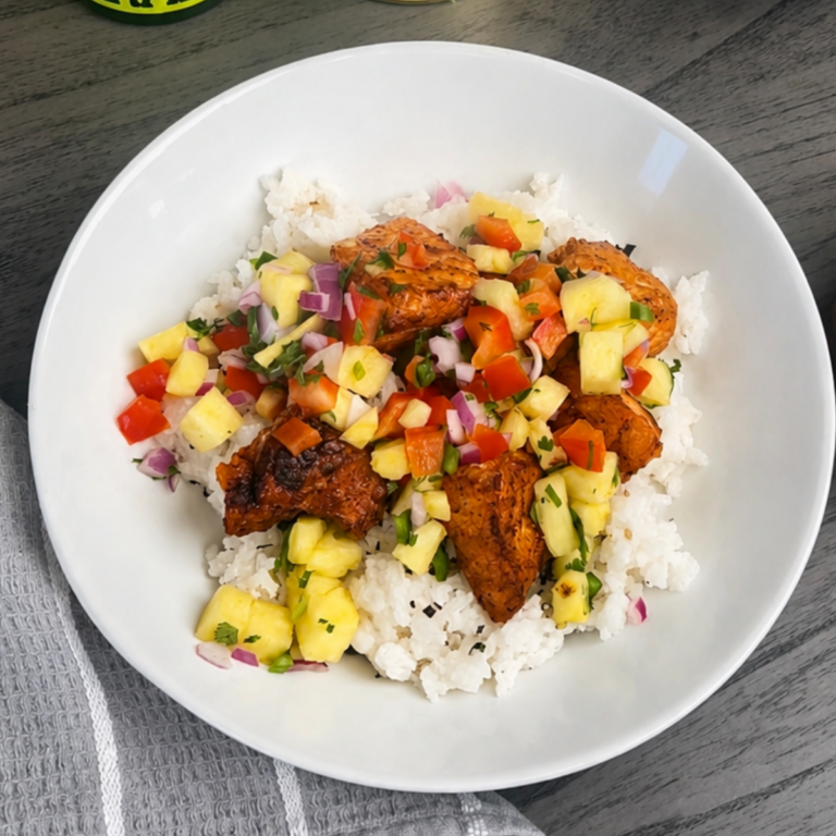 Crispy Salmon Bites with Fresh Pineapple Salsa and Coconut Rice