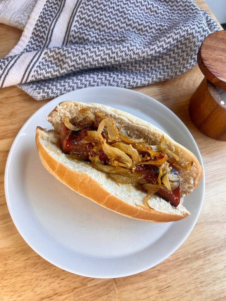 Grilled Kielbasa Sandwich with Caramelized Onions and Whole Grain Mustard