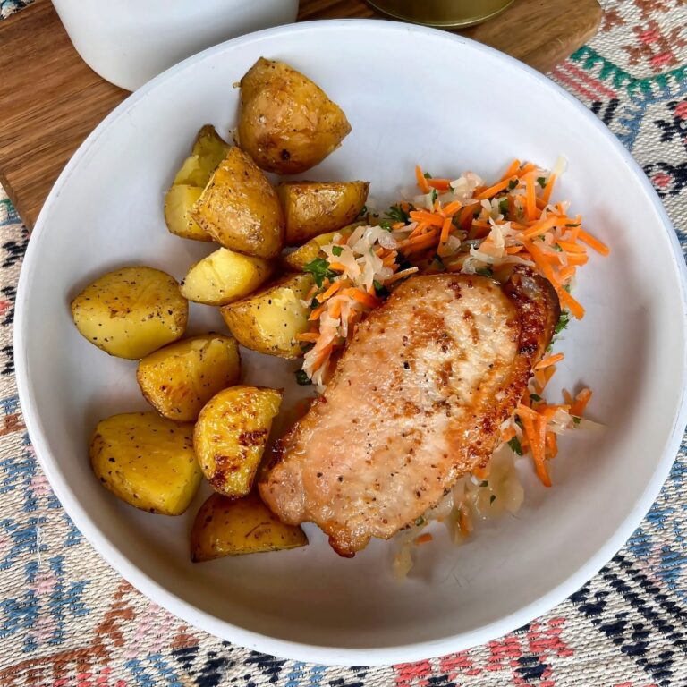 Honey Dijon Pork Chops with Sauerkraut Slaw & Roasted Potatoes