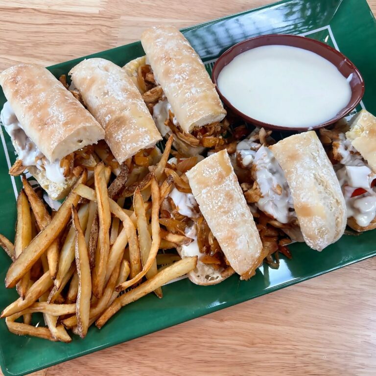 Mini Chicken Cheesesteaks with a Garlicky Provolone Dipping Sauce