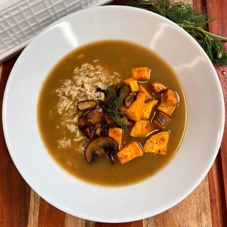 Mushroom Soup with Roasted Sweet Potato & Brown Rice